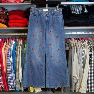 Ashley Mason blue baggy wide leg high rise cherry embroidered jeans size 27 NWT
